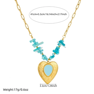Bohemian gold chain necklace with blue stone beads and engraved heart pendant