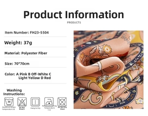 Detail showing high-gloss polyester floral neck scarf with elegant 70x70cm satin texture