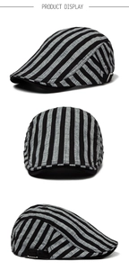 Breathable cotton linen striped flat cap shown from three angles against a white background.