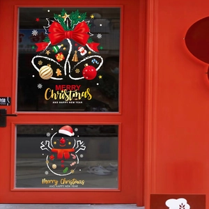 Christmas window stickers with snowman, bells and Merry Christmas text for glass doors