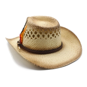 Detail of straw cowboy hat with braided leather band and vibrant decorative feathers