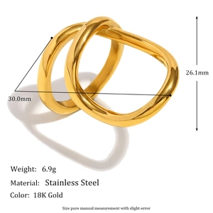 18K gold-plated stainless steel double ring with minimalist crisscross design and dimensions