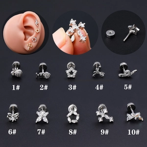 Piercing-Set aus Chirurgenstahl mit Schmetterling, Kreuz und Zirkonia-Ohrsteckern