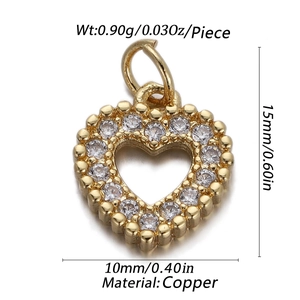 Detailed view of 18K gold plated copper heart pendant with zircon inlay and dimensions