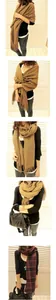 Dettaglio di sciarpe con frange stile cashmere in cammello e a quadri rossi e neri