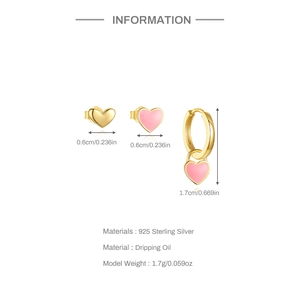 Minimalist S925 sterling silver heart earrings set with pink oil drip and gold finish