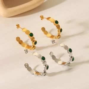18K gold and silver plated C-shaped earrings with inlaid green zircons for women