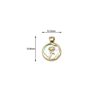 18K gold rose pendant with white shell inlay, measurements 12.2mm by 16.8mm