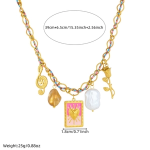 Gold pendant necklace with pearls and colorful rope details showing exact dimensions