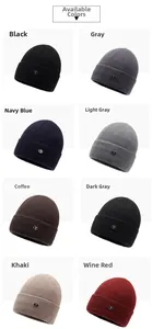 Grid view showcasing eight assorted colors of knitted beanies with metallic logo detail