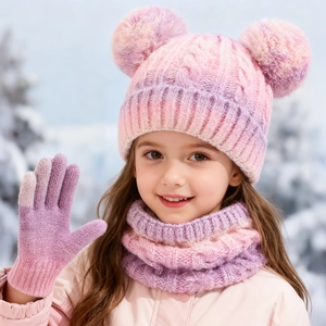 Detail of pink and purple gradient cable knit hat, scarf and gloves set for kids