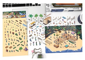 Detail of 2.5D isometric decorative stickers featuring camping and beach themes for DIY journals