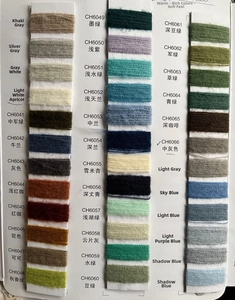 Color chart display showing 36 diverse shades of high-quality wavy knit yarn for gloves