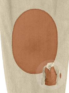 Close-up of ribbed knit texture with oval elbow patch on raglan sleeve henley shirt