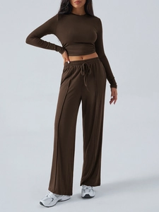 Ensemble Y2K femme avec haut marron à manches longues et pantalon large à cordon de serrage