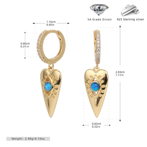 Detail view of 925 silver heart opal earrings with dimensions and 5A zircon inlay