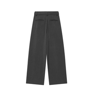Rear view of dark grey pinstripe wide-leg trousers with pocket detail and belt loops