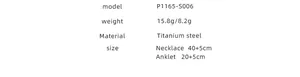 Size chart for titanium steel square pendant necklace and anklet showing length and weight