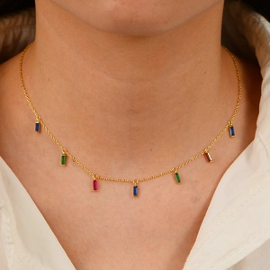 S925 sterling silver necklace featuring geometric rainbow zircon cubes on a gold chain