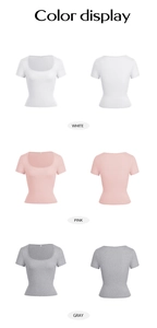 U-neck cropped T-shirt in white, pink, and gray showing front and back views