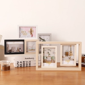 Minimalist multi-aperture wooden photo frames in black, white, and natural wood for desktop