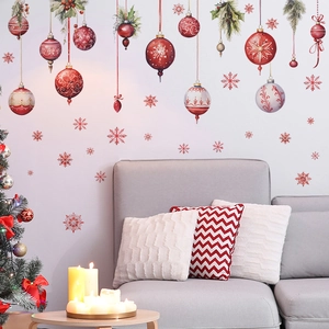 Christmas wall stickers featuring red snowflakes and decorative hanging balls for home decor