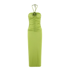 Elegant green halter neck maxi dress with 3D flower decoration and pleated details