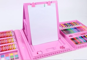 Pink 208-piece kids art set featuring markers, crayons, and built-in folding easel