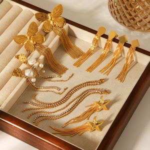 Collection of 18k gold stainless steel long tassel earrings with butterfly and pearls