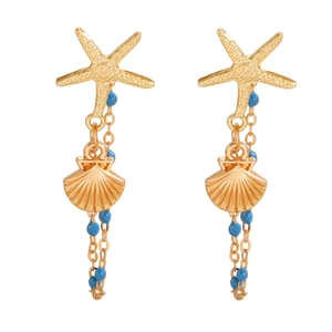 Detail of starfish and scallop earrings with blue beads and golden fringe tassel