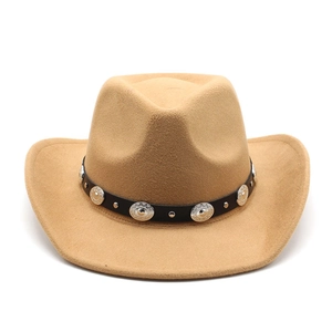 Macro detail of camel felt fedora featuring black leather band and silver metal studs