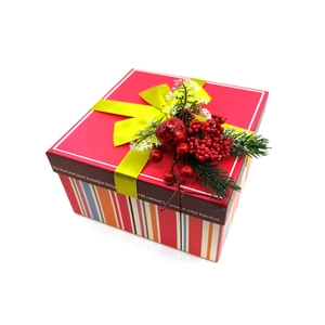 Scatola regalo di Natale con coperchio rosso, strisce, nastro verde e decori bacche