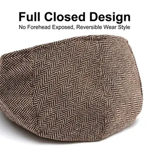 Men's brown herringbone tweed newsboy cap with classic flat crown and back-view detail