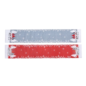 Christmas gnome burlap table runners in red and grey with snowflake and tree patterns