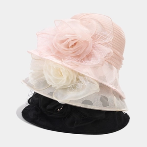 Women's organza sun hat with elegant pearl flower detail in pink, cream, and black