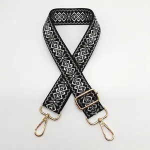 Close-up of 3.8cm jacquard canvas shoulder strap with geometric pattern and gold buckles