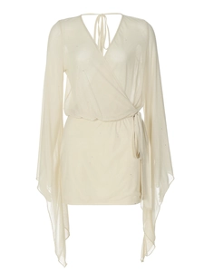 Elegantes Mesh-Minikleid mit V-Ausschnitt, langen Puffärmeln und Taillenband in Creme