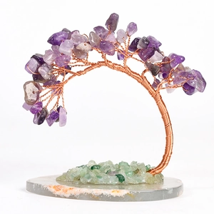 Amethyst crystal tree with copper wire on agate base for office desk decor