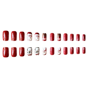 Short square Christmas press-on nails with 3D embossed elk, snowman and Santa patterns