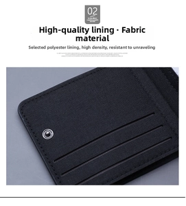 Close-up of premium fabric lining and durable metal snap button on men's short wallet