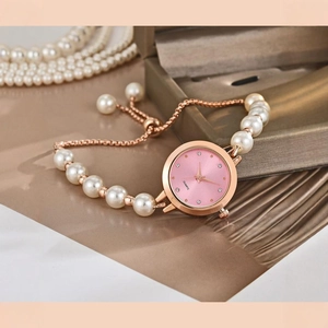 Orologio al quarzo oro rosa con quadrante rosa e cinturino regolabile in perline