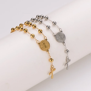 Stainless Steel Cross Bracelet St Benedict Medal Religious Rosary Jewelry Unisex Punk Style
