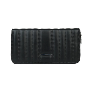 Black quilted long wallet for women with elegant metal bar and smooth zipper closure