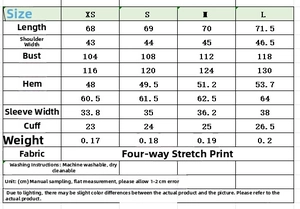 Detailed size chart for silk striped shirt featuring measurements for XS to L sizes