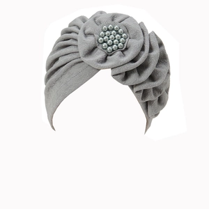 Grey pleated turban hat with matching fabric flower and pearl beads for women