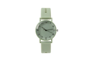 Macro view of light green silicone watch with artistic handwritten numeral dial