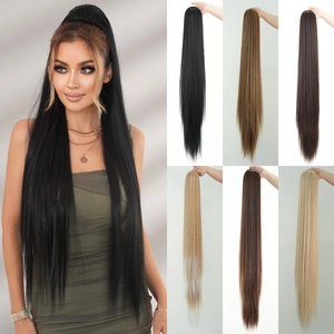 Long Straight Ponytail Extension Synthetic Heat Resistant Fiber Drawstring Natural Smooth Hairpiece For Women