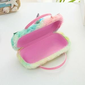 Rainbow plush unicorn case with pink handle and sequin horn detail for girls