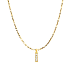 Close-up of gold chain necklace featuring vertical bar pendant with four clear zircons
