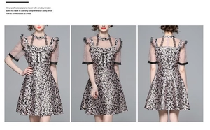 Detailed front and back views of floral mini dress with lace trim and pearl accents